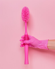 Hand in a pink rubber glove holds toilet brush on pink background, closeup - 779186917
