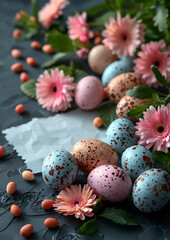 Fototapeta na wymiar Easter invitation template, gentle spring blossom and pastel colour easter eggs