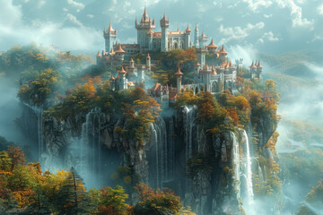 enchanting autumn castle on a misty cliff surrounded by colorful foliage