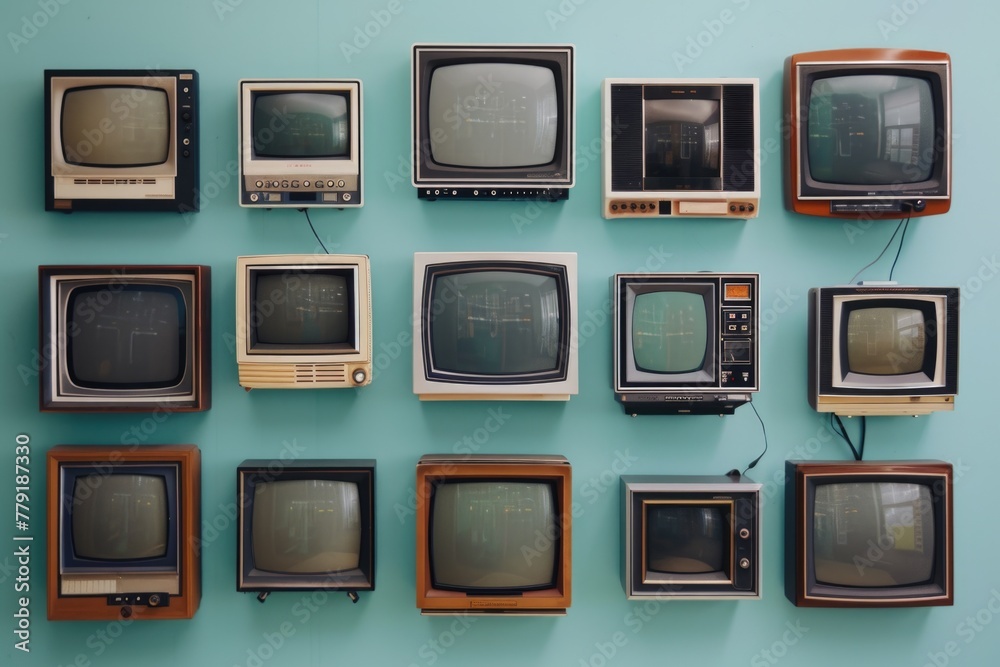 Poster a collection of vintage televisions displayed on a wall. ideal for retro technology concepts
