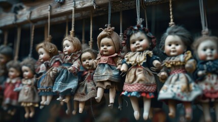 A collection of small dolls hanging from the ceiling. Perfect for interior design projects - obrazy, fototapety, plakaty