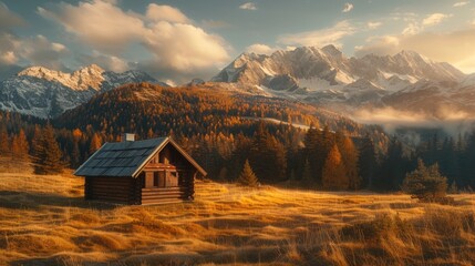 A small cabin in a field with mountains in the background. Suitable for nature and travel concepts - Powered by Adobe