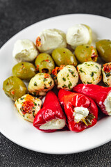 appetizer vegetable antipasti mix olives, mozzarella, stuffed pepper, mushroom antipasto fresh food...