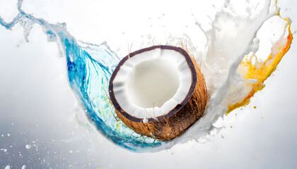 Visual Representation of the Moment a Falling Coconut Collides with Water and Milk, Transformed into an Artistic Scene. Slices and Splashes.	
