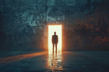 A man standing in front of an open door. Suitable for business concepts