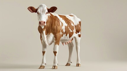 Brown and white cow standing on top of a white floor. Suitable for farm or agriculture concepts - Powered by Adobe