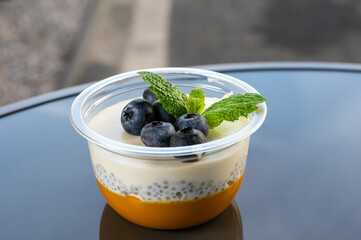 Thai  dessert with milk pudding, chai seeds, mango chutney and blue berries, Belgium