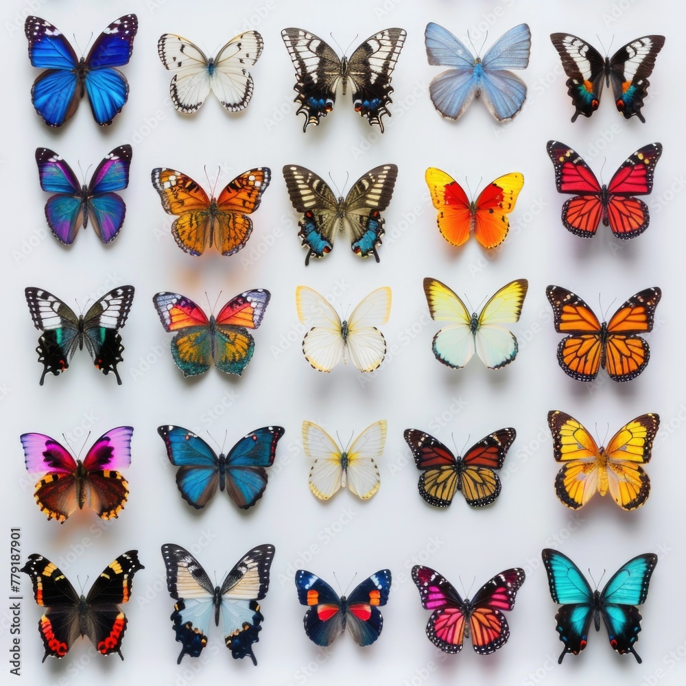 Poster A collection of colorful butterflies on a white background. Suitable for various design projects