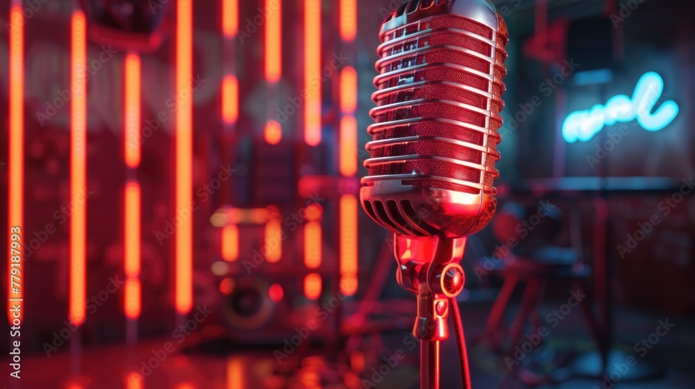 Poster a vibrant red microphone with colorful neon lights in the background. perfect for music and entertai