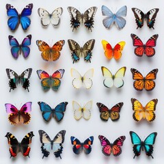 A collection of colorful butterflies on a white background. Suitable for various design projects - obrazy, fototapety, plakaty