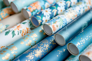 Blue Wrapping Paper Rolls with Floral Patterns and Golden Accents: Elegant Rolls of Gift Wrapping Paper with Floral Prints for Presents, Celebrations, Birthday, Christmas  