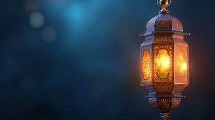 Ramadan Kareem greeting card. Golden crescent moon and lantern