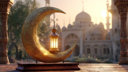 Ramadan Kareem greeting card with crescent moon and lamps.  - obrazy, fototapety, plakaty
