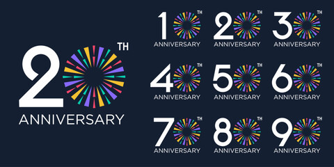 set of 10 to 100th anniversary logotype design, with colorful fireworks for celebration event, wedding, and birthday, vector illustration