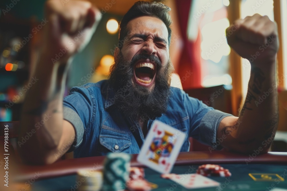 Poster a man with a beard playing poker. suitable for gambling and leisure concepts
