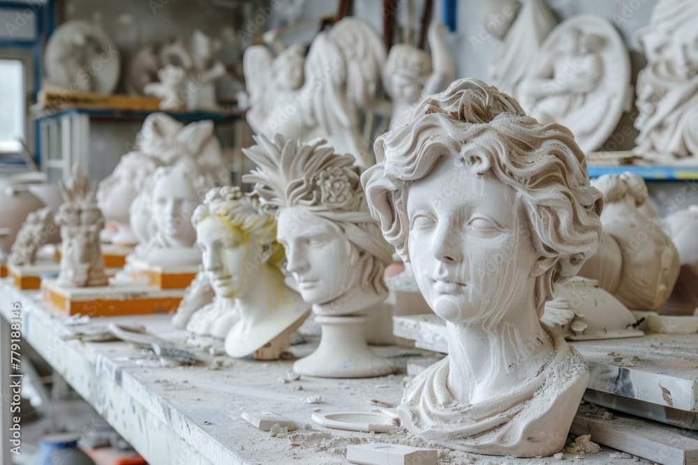 Aufkleber Group of statues placed on a table, suitable for various concepts and designs