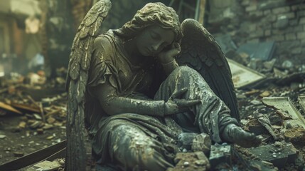 Fototapeta premium A serene angel statue sitting on rubble, suitable for various concepts and designs