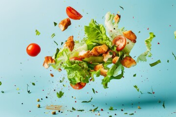 Levitating pieces of salad, including lettuce, croutons, and tomatoes, on a blue background. Floating Fresh Salad Ingredients on Blue