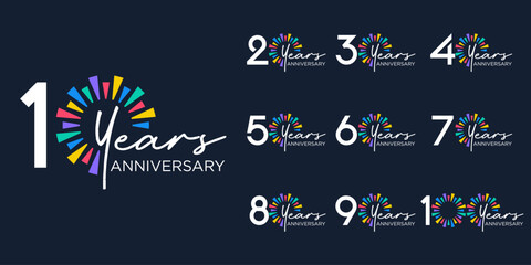 Obraz premium set of 10 to 100th anniversary logotype design, with colorful fireworks for celebration event, wedding, and birthday, vector illustration
