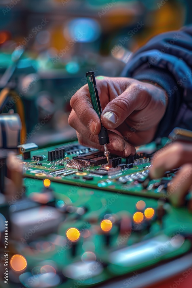 Poster Close up of a person working on a circuit board. Suitable for technology and engineering concepts