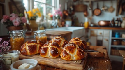 Cozy Rustic Kitchen with Hot Cross Buns and Homemade Jam, generative ai