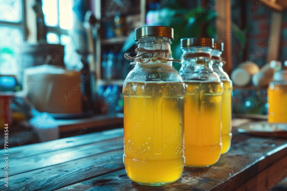 Poster Group of bottles on a wooden table, versatile for various concepts