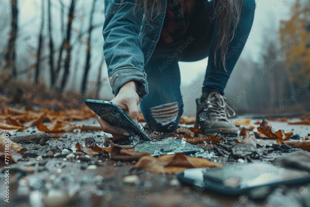 Poster a person kneeling down with a cell phone in hand. suitable for technology and communication concepts