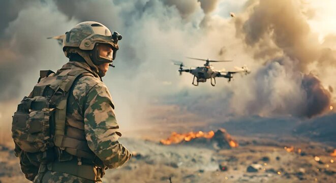 Drone in war. Soldier controlling a drone