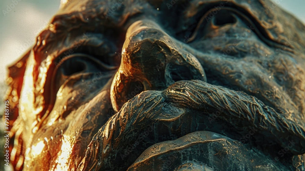 Poster detailed shot of a statue depicting a man with a beard. ideal for historical or artistic projects