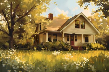 A cozy craftsman bungalow facade painted in light buttercream, nestled amidst a tranquil meadow.