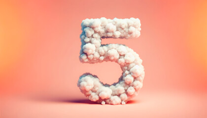 Five number made of clouds. Cotton-like number 5 on a warm peach backdrop, suitable for festive occasions and educational settings.