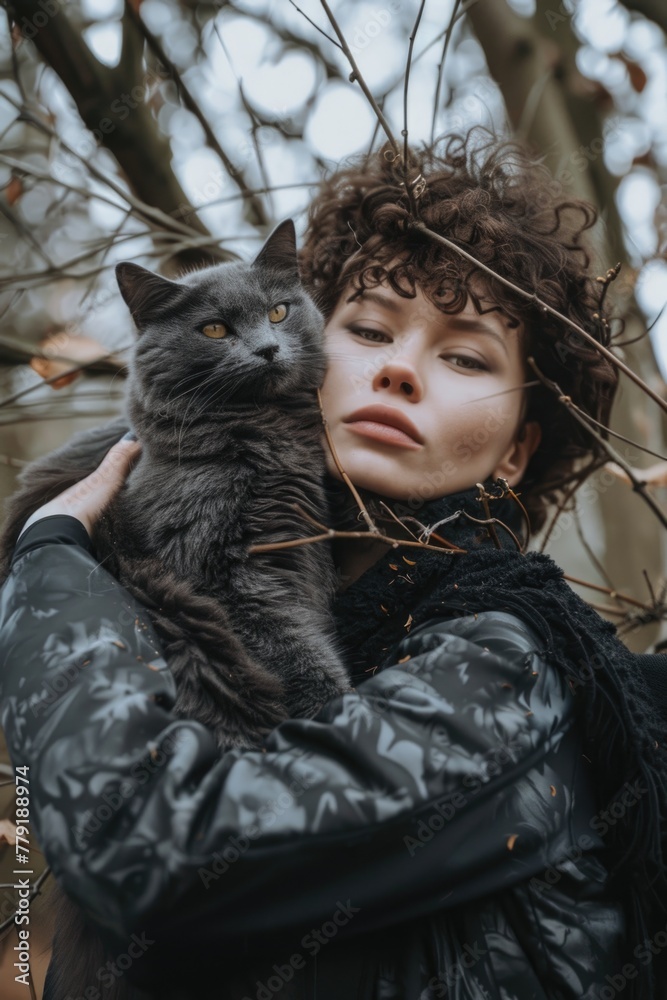 Poster A woman holding a cat in her arms. Suitable for pet and animal lovers