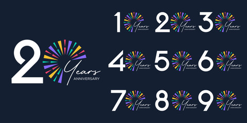 set of 10 to 100th anniversary logotype design, with colorful fireworks for celebration event, wedding, and birthday, vector illustration