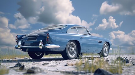 Classic blue car parked on a gravel road, perfect for automotive and travel themes