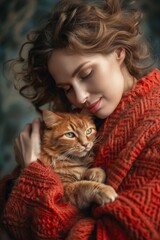 A woman in a red sweater holding a cat, suitable for various cat-related themes