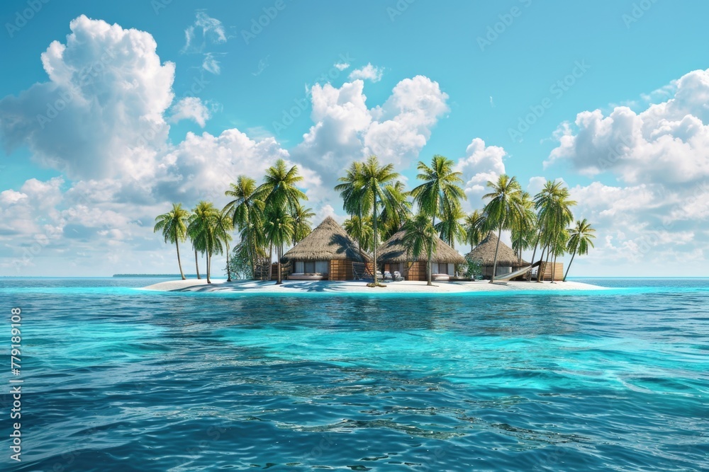 Poster a serene tropical island with a charming thatched hut and swaying palm trees. ideal for travel and v