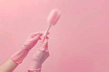 Hand in a rubber glove holds toilet brush on pastel background, closeup