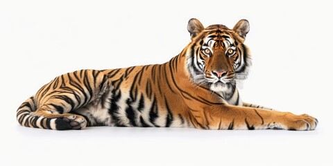 A majestic tiger laying down on a white surface. Suitable for wildlife concepts - obrazy, fototapety, plakaty