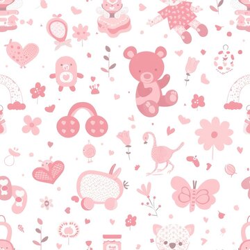 A collection of pink and white items on a plain white background. Suitable for various design projects