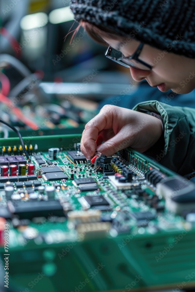 Poster a woman busy working on a circuit board. suitable for technology or engineering concepts