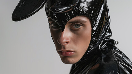 Intense Young Man in Glossy Black Rainwear with a Futuristic Edge