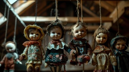 Group of dolls hanging from strings, suitable for horror or creepy themes