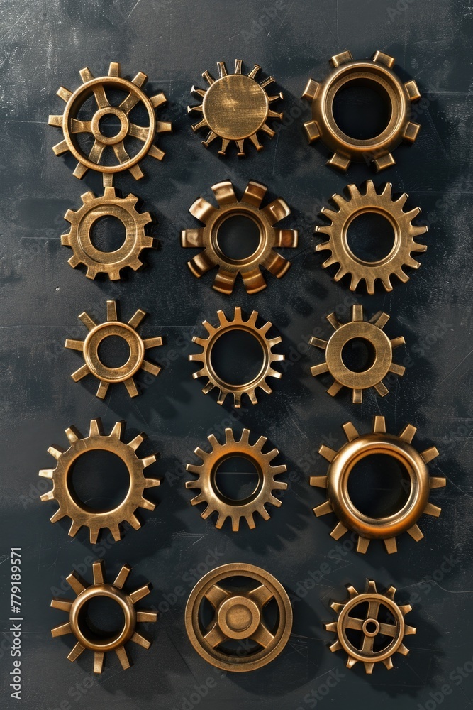 Poster a collection of gold gears on a sleek black surface. ideal for industrial and technology concepts