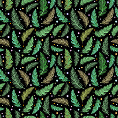 Vivid green feathers and circles swirling through the dark seamless pattern. Attractive colorful surface art pattern on black backdrop for printing or for use in graphic design projects.