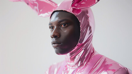 Vision in Pink: Model in High-Shine Pink Bodysuit with Statement Bunny Ears