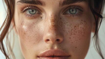 Fototapeta premium Close-up portrait of a woman with freckles. Suitable for beauty and skincare concepts