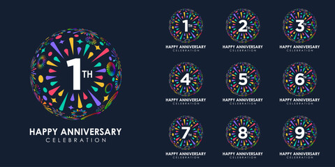 set of 1 to 10th anniversary logotype design, with colorful fireworks for celebration event, wedding, and birthday, vector illustration