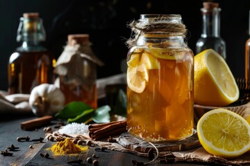 A rustic presentation of homemade kombucha tea with fresh lemon slices and spices on a wooden surface. Artisanal Kombucha Brew with Lemon Slices - Powered by Adobe