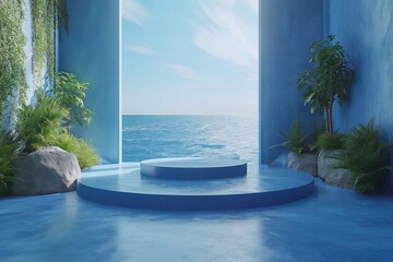 Minimal scene with blue podium and ocean view.