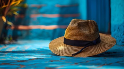 a classic straw fedora hat with a black ribbon band, perfectly isolated on a vibrant cobalt blue background, showcasing its timeless elegance  - obrazy, fototapety, plakaty